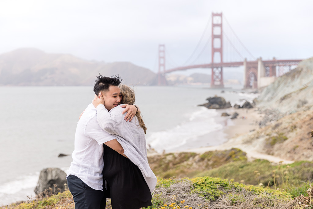 emotional hug at Golden Gate Bridge
