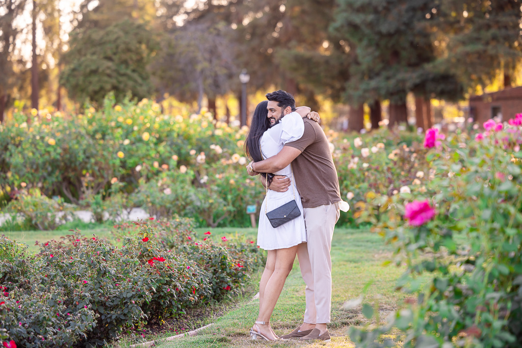 hugging after proposal in rose garden at sunset