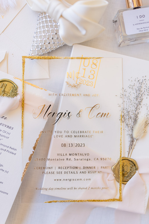modern gilded frame acrylic invitation for Villa Montalvo wedding