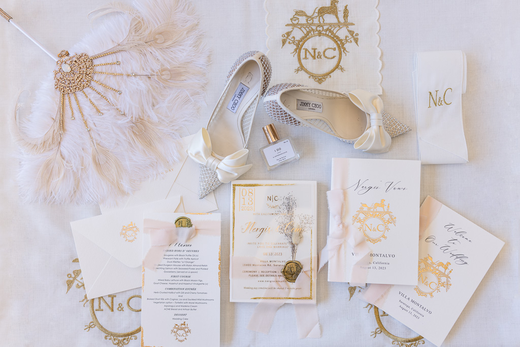 flat lay of the classy bridal details