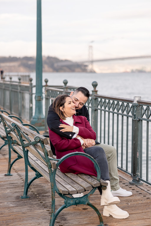 wooden bench engagement photos