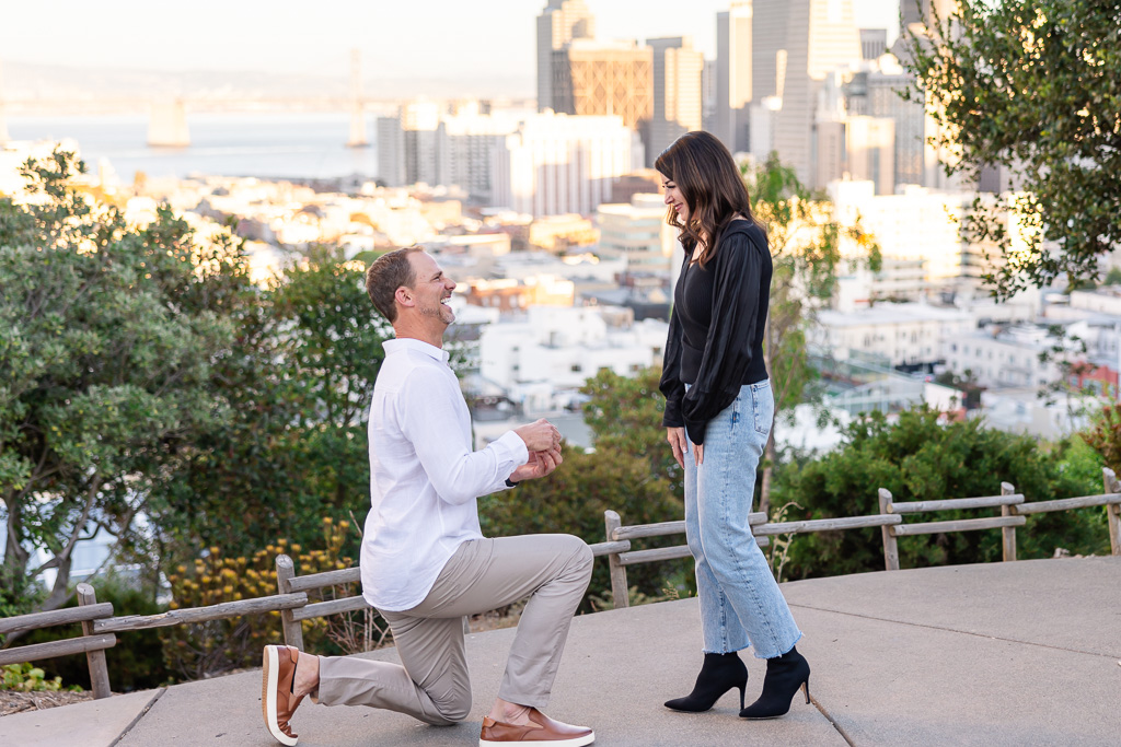 Ina Coolbrith Park engagement with wide San Francisco downtown view