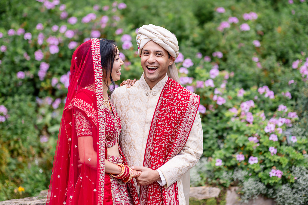 Indian couple candid moment in garden wedding