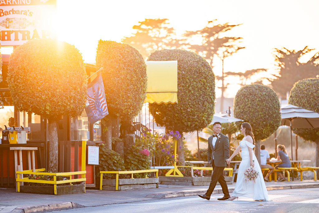 colorful wedding portrait on the streets of Half Moon Bay