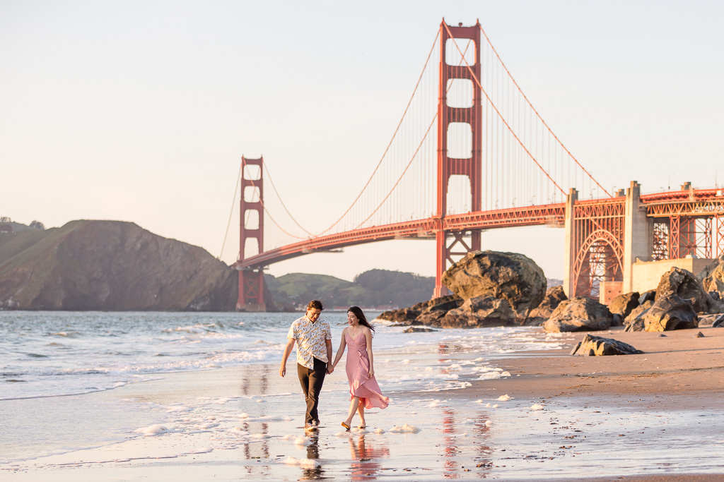 Golden Gate Bridge beach sunset engagement session