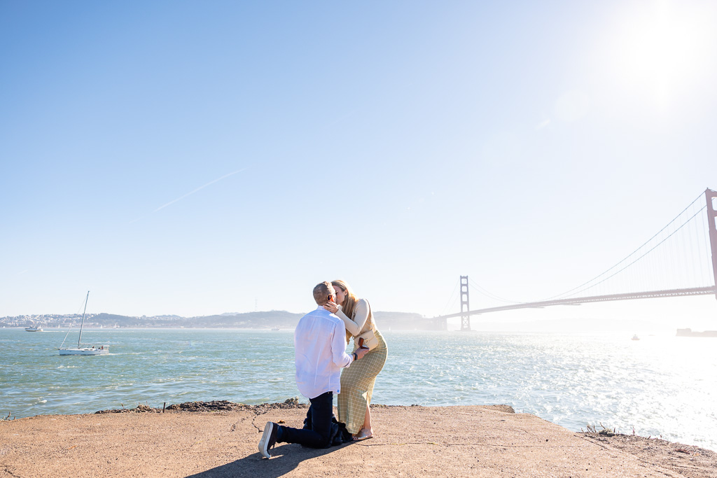 wide shot of surprise proposal at the Golden Gate Bridge