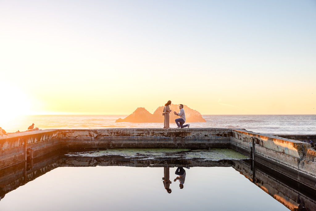 beautiful Sutro Baths surprise proposal right at sunset