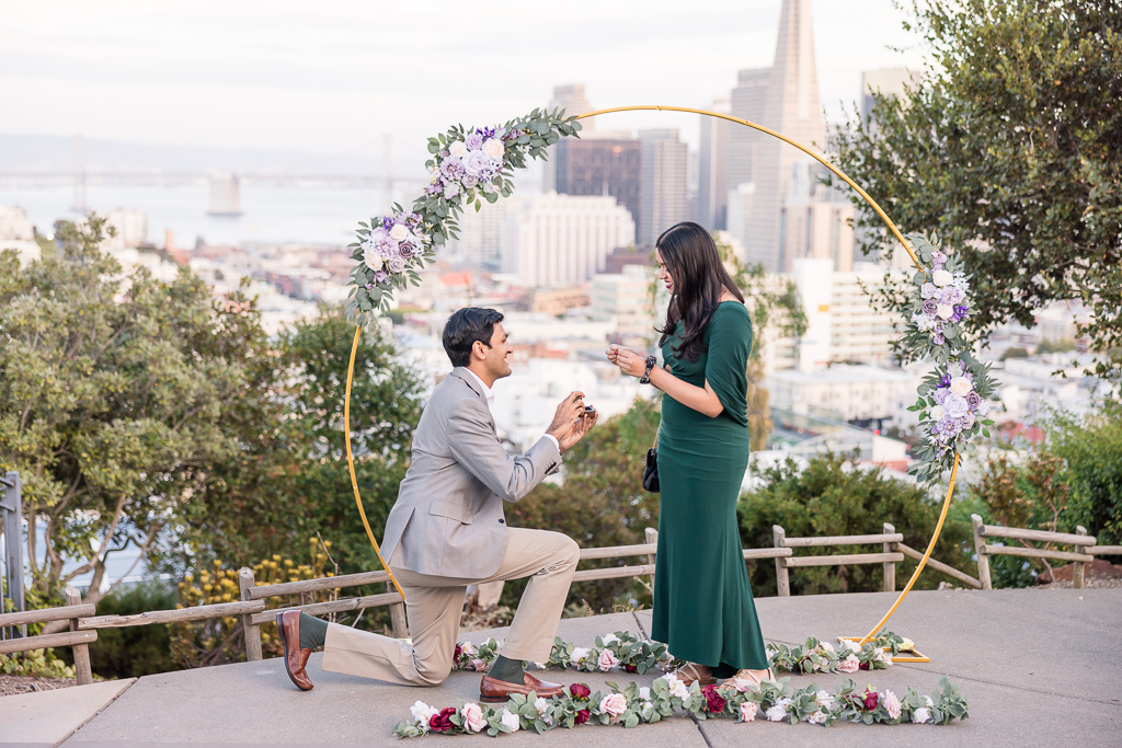 San Francisco downtown view surprise proposal with floral decor