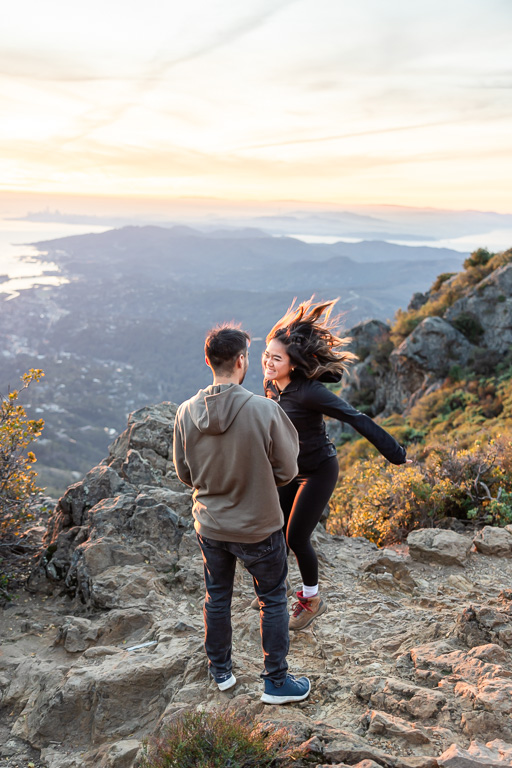 jumping for joy on Mt Tam after proposal