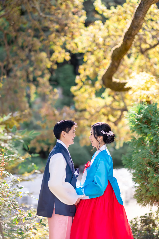 Hanbok wedding portrait at Hakone Estate and Gardens
