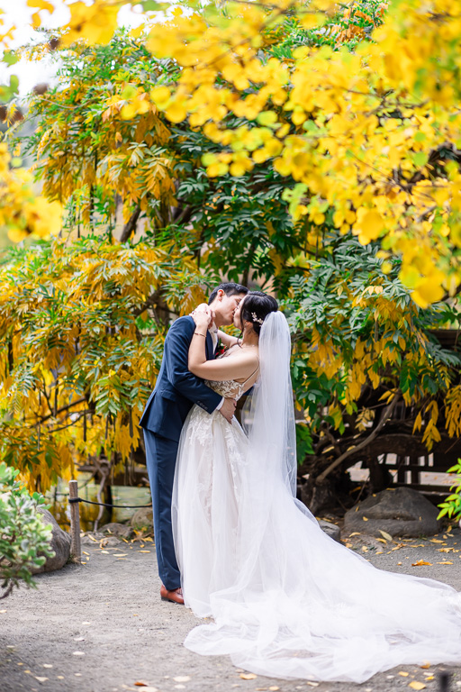 Hakone Gardens Wisteria Pavilion wedding with vibrant autumn foliage