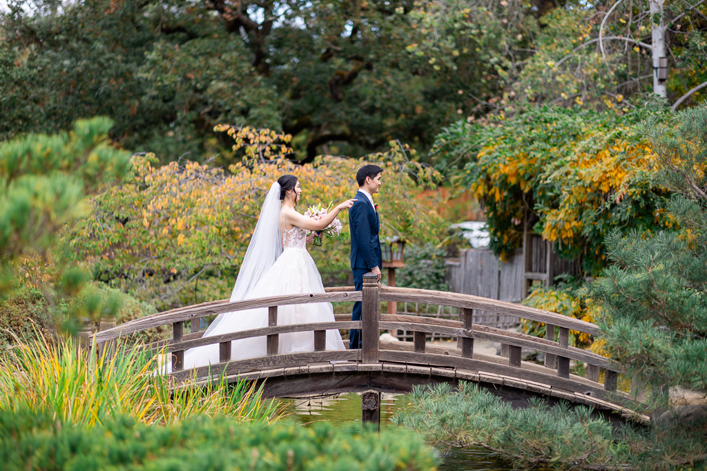 wedding first look at Hakone Gardens Koi Pond