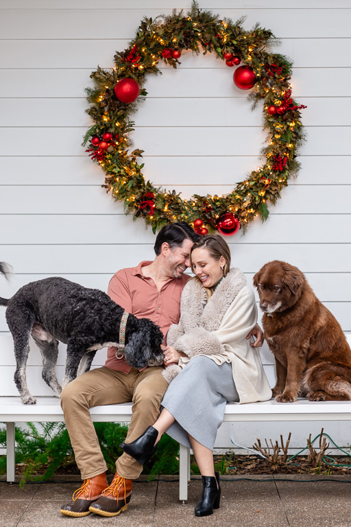 family photos with two dogs and wreath