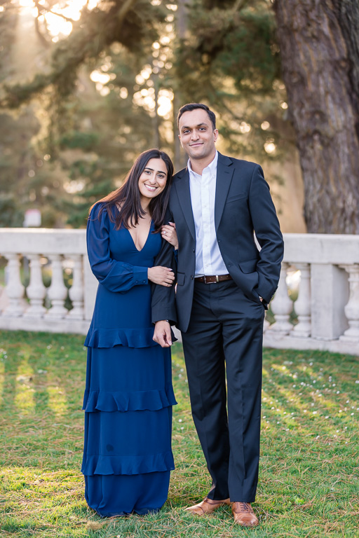 golden hour engagement photos outside the Legion of Honor in the woods