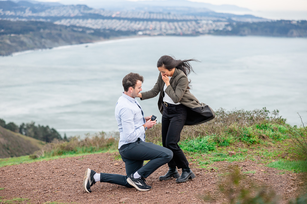 proposal on a hilltop overlooking the ocean
