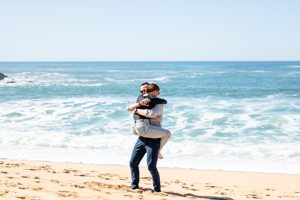 Montara State Beach surprise marriage proposal with blue skies and ocean