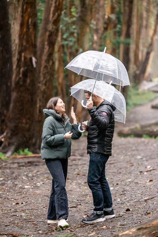 a very happy moment after getting engaged in the rain