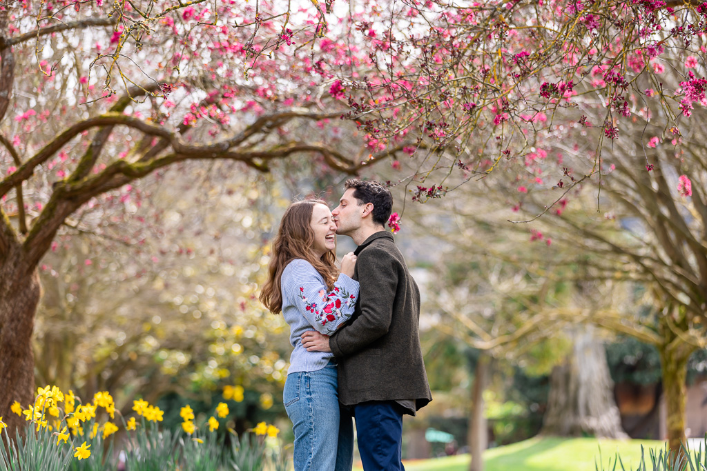 engagement photos with springtime flowers at the SF Botanical Garden