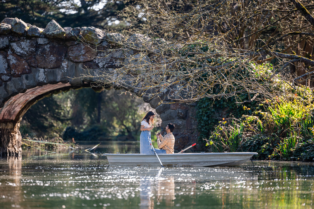 Stow Lake stone arch bridge surprise proposal in a boat