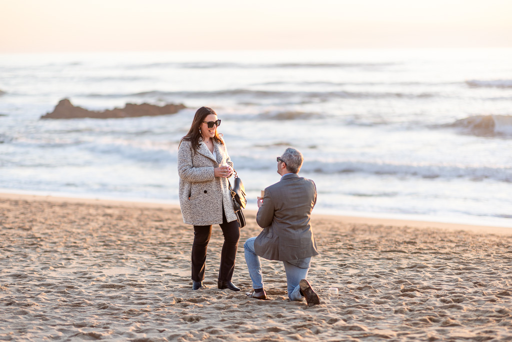 beautiful reaction to sunset surprise proposal at Manhattan Beach