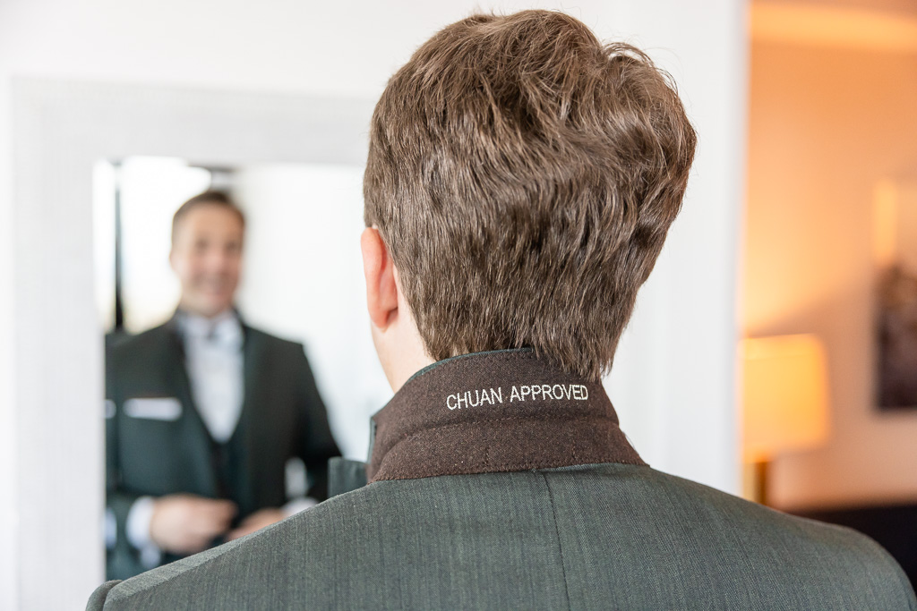 personalized monogrammed jacket inside collar with bride's name