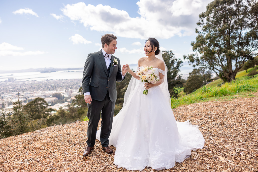 bride and groom candid near Lawrence Hall of Science