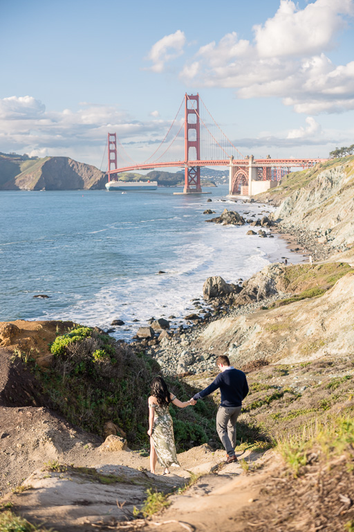 engagement photos at the cliffs and rocks near the Golden Gate Bridge