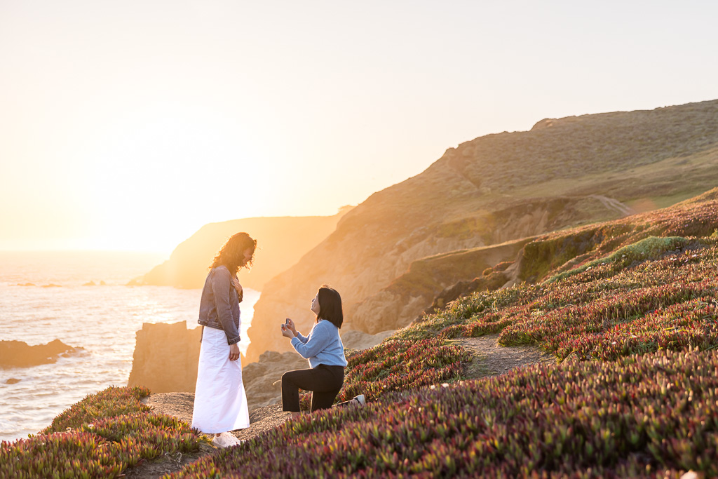 golden hour coastal cliffside surprise proposal at Rodeo Beach