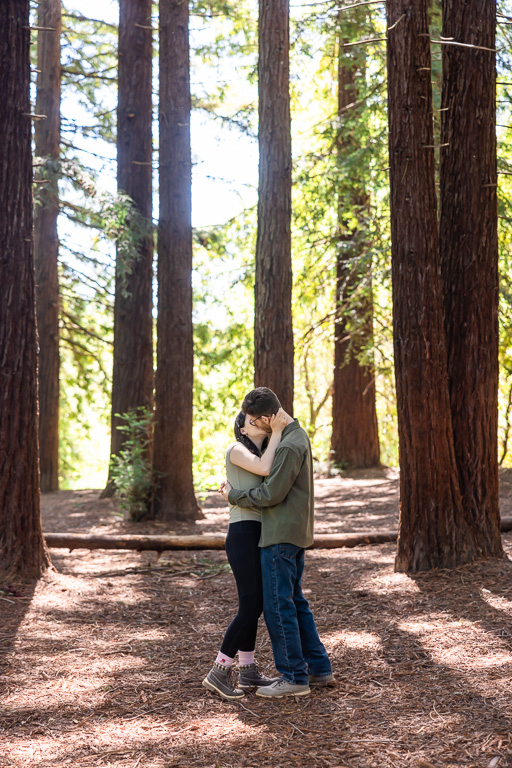 an emotional kiss in the redwood forest