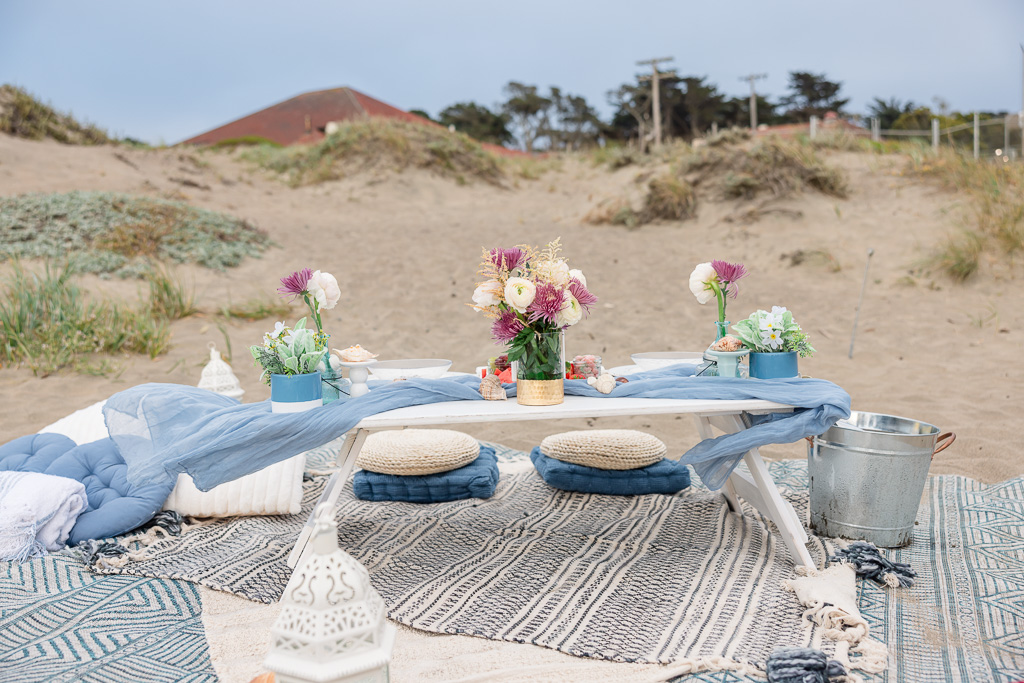 baby blue themed picnic on the beach