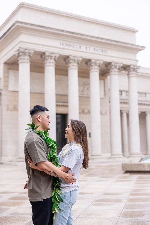 Hawaiian-themed engagement photos at the Legion of Honor