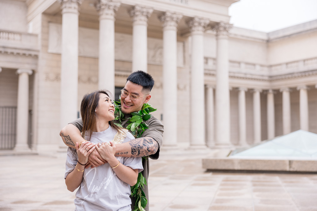 Legion of Honor engagement photos with Hawaiian garland