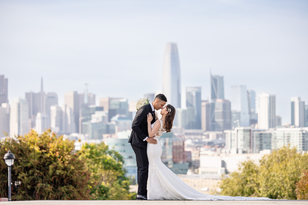 soft romantic bright wedding photo at Potrero Hill showing SF skyline