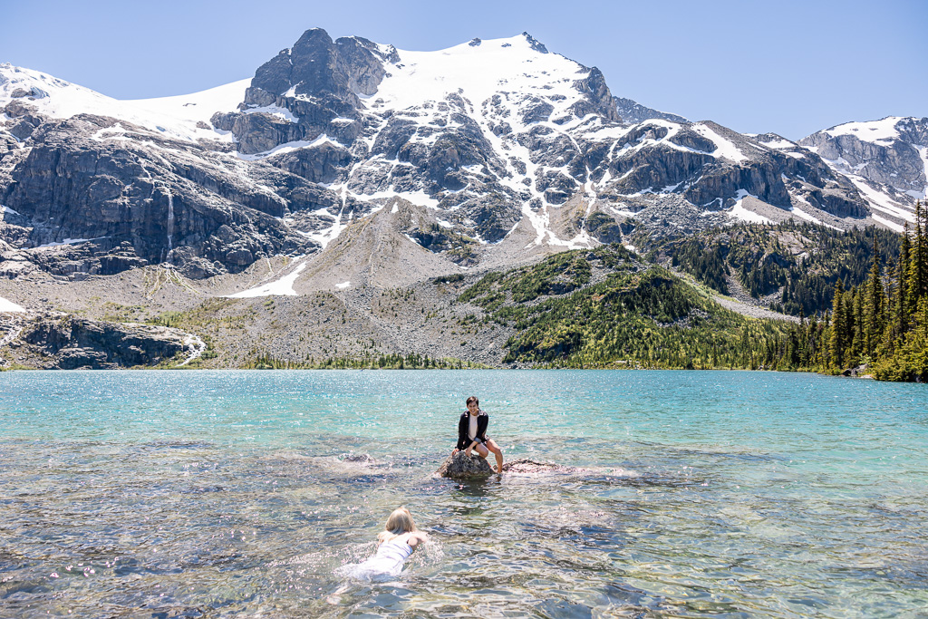 swimming in the glacial waters of Upper Joffre Lake