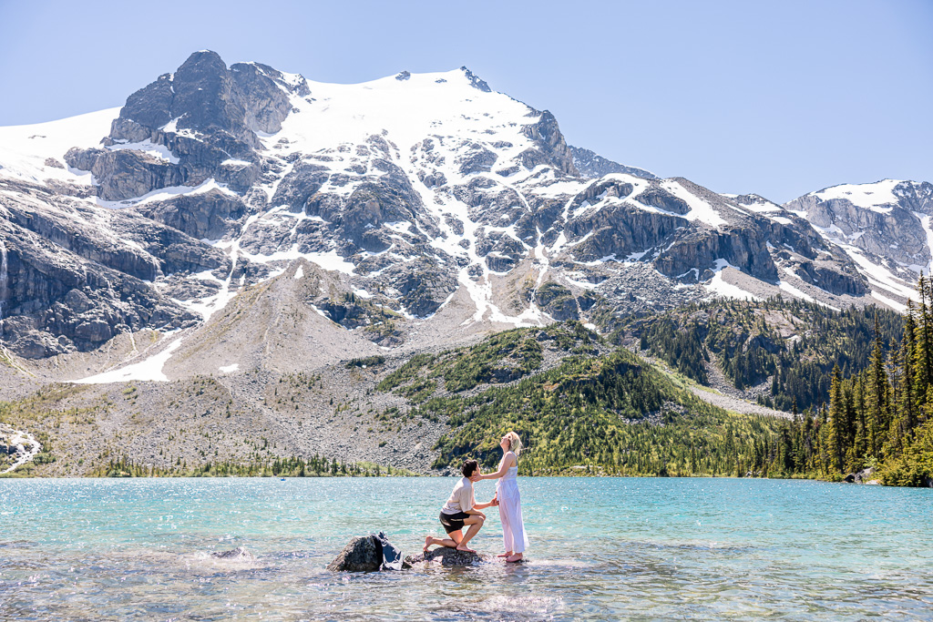 Upper Joffre Lake surprise proposal on a rock in the lake