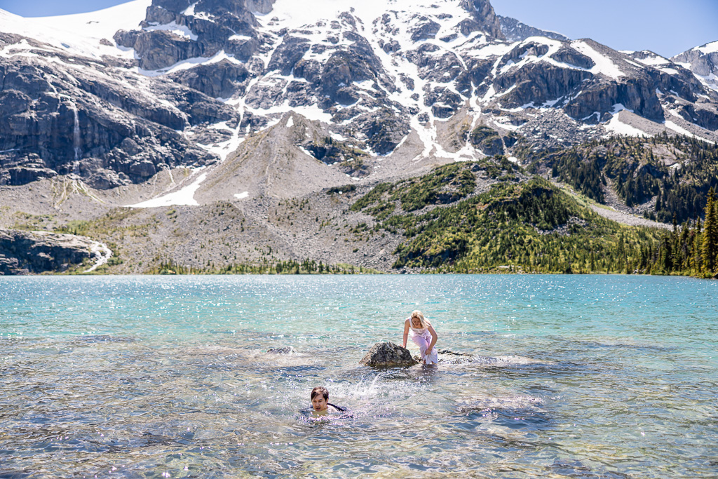 swimming in the frigid glacial waters of Upper Joffre Lake