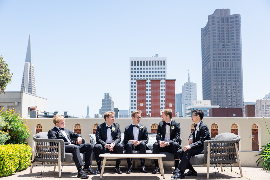 groom and groomsmen photo at the rooftop deck of the Fairmont SF