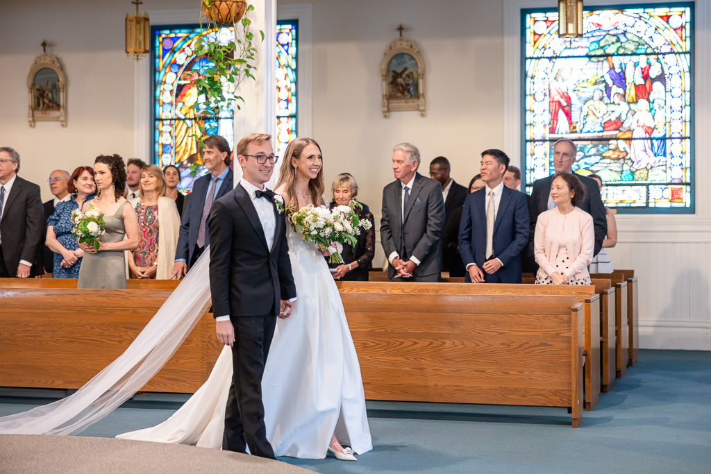 walking out of church after wedding ceremony