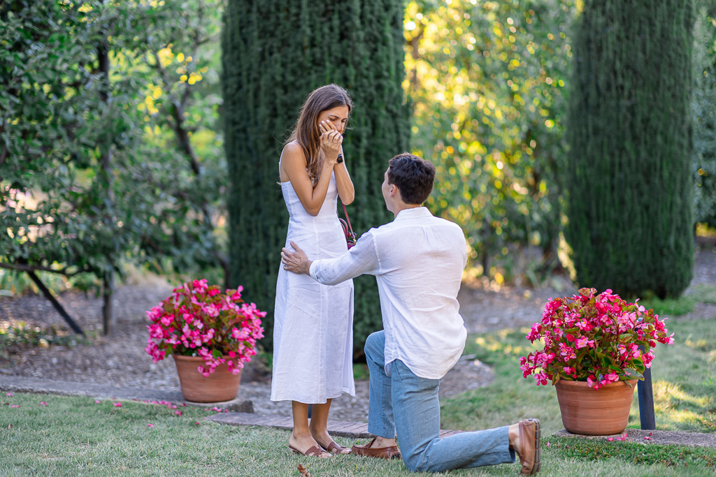 proposal in front of tall trees at the Filoli Gardens