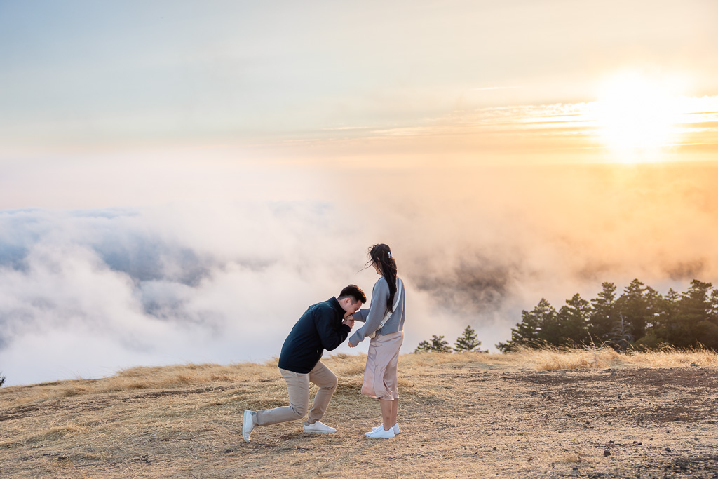 kneeling down to give a kiss on the hand