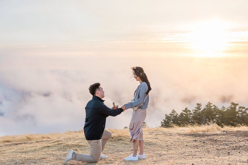 Mount Tamalpais surprise proposal at sunset over the fog