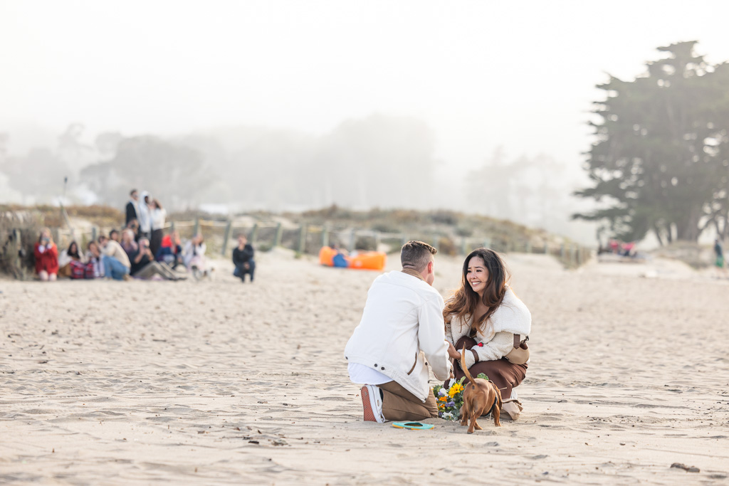 surprise proposal with family and friends hiding in the background