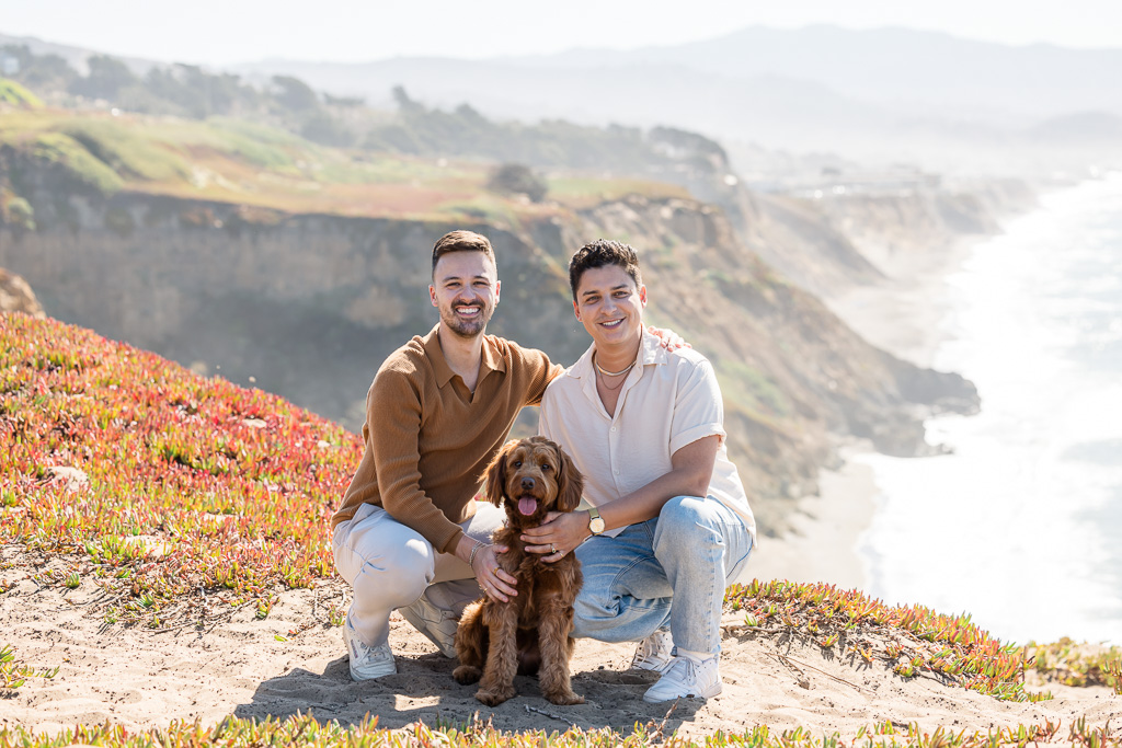 newly engaged couple with their dog at Mussel Rock Park