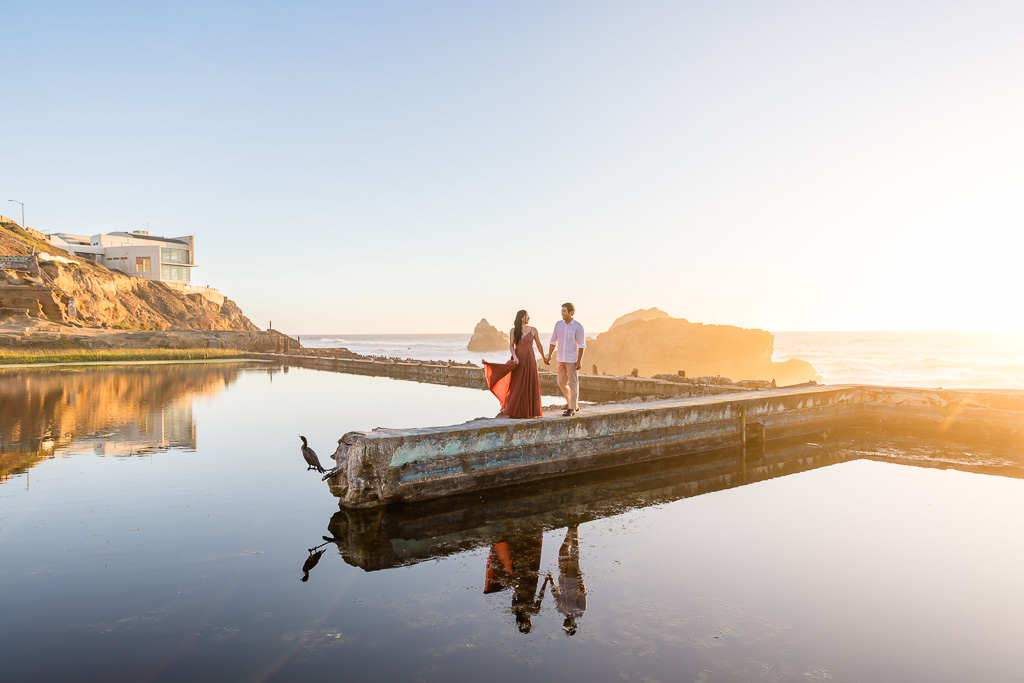 Sutro Baths engagement photo with double-crested cormorant