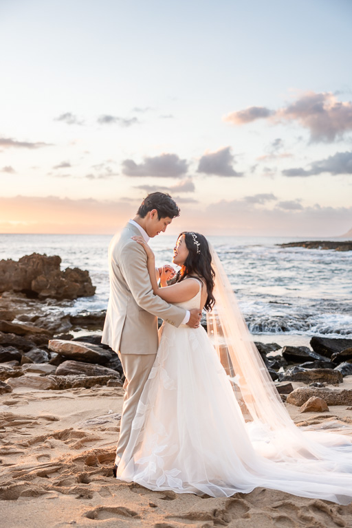 golden hour Honolulu beach wedding portraits