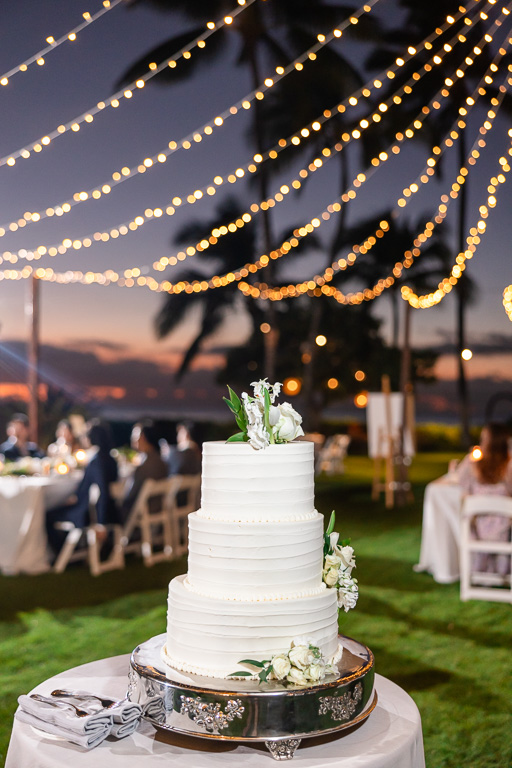 wedding cake with string lights behind it