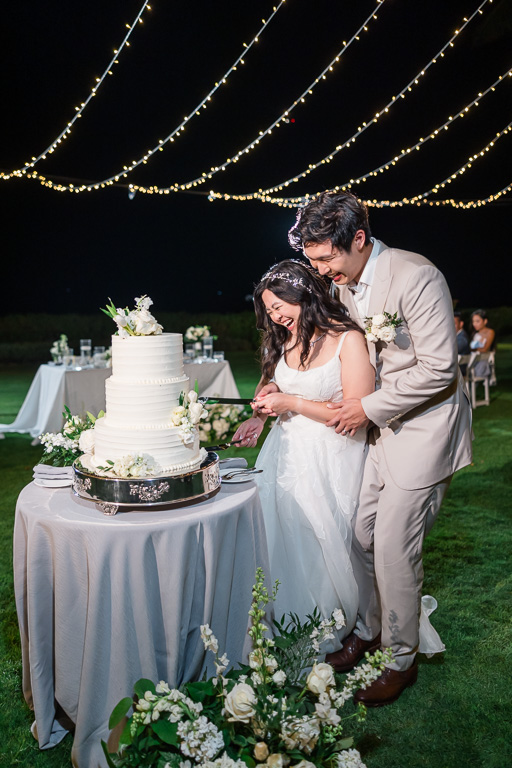 nighttime outdoor wedding cake cutting