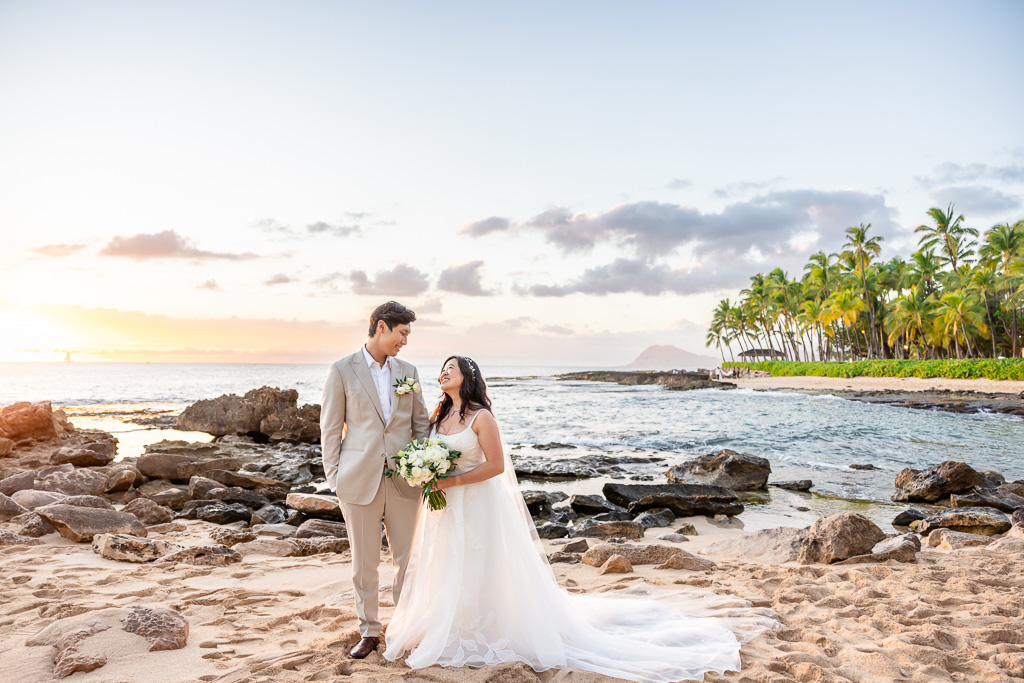 Oahu beach wedding day portrait