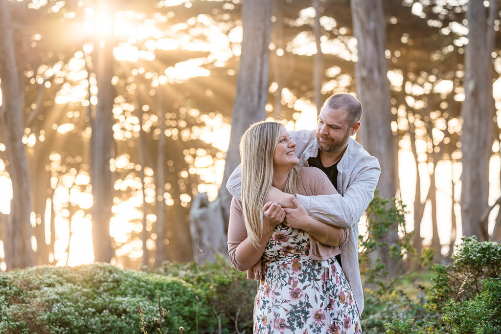 engagement photos in the woods at golden hour in San Francisco