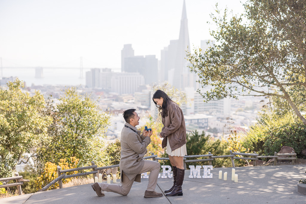 morning marriage proposal at Ina Coolbrith Park